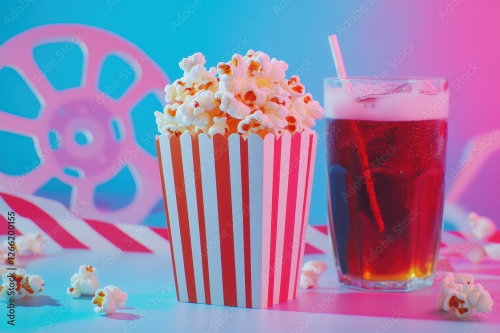 Poster enjoying popcorn and soda at a vibrant movie night with nostalgic elements and colorful lighting. ge