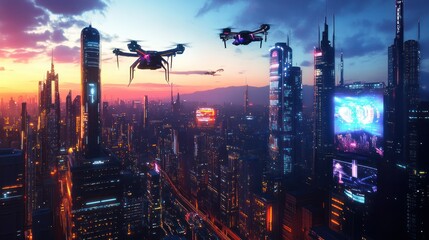 Fototapeta premium Futuristic cityscape at sunset with drones delivering packages.