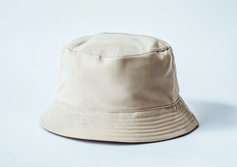 A beige bucket hat rests on a white background