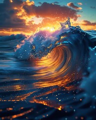 Powerful ocean wave rolling with golden reflections from the setting sun, showcasing the force of nature and the stunning interplay of light, water, and sky in motion

