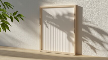 Fototapeta premium Minimalist Blank Frame on Wooden Surface Displaying Soft Shadows from Green Leaves in Bright Interior Setting