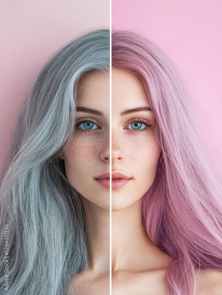 Poster transition from gray to vibrant dyed hair showcasing color change on a female model with a soft back