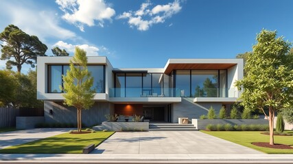 Fototapeta premium Contemporary House Surrounded by Lush Trees with Expansive Driveway and Inviting Outdoor Space