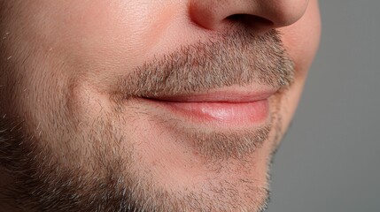 Obraz premium Close-Up of a Man's Smiling Lips and Facial Hair with Neutral Background for Portrait and Beauty Concepts