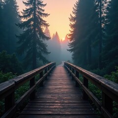 Fototapeta premium Foggy fir forest at dusk with old wooden bridges, bridge, fog