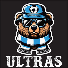 illustration vector graphic of Football fans ultras hooligan  with Bear wear football scarf design for logo, t-shirt, etc