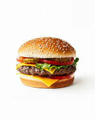 Delicious cheeseburger with lettuce, tomato, and onion on a sesame seed bun against a clean background