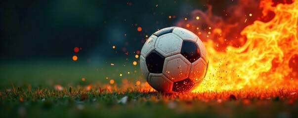 Naklejka premium Football in flames with sparks flying, heat, energy, sparks