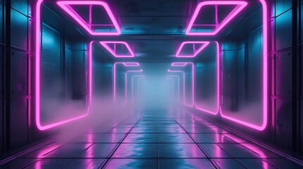 Fototapeta premium Futuristic neon-lit corridor with glowing pink and blue lights, creating a sci-fi cyberpunk atmosphere with misty reflections, modern technology aesthetics, and digital innovation