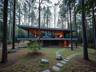 Obraz premium Charming Rustic House Nestled in Lush Green Woods Surrounded by Towering Trees and Natural Beauty