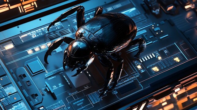 Close up view of a dark metallic insect like robotic figure positioned on a complex technological circuit board, illuminated with cool blue and warm orange hues. The background features glowing lines