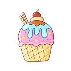 Strawberry Ice Cream in with Chocolate, Cherry, and Wafer Rolls Topping