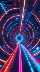 Futuristic neon tunnel with infinite depth, glowing blue and pink cyberpunk lights, representing digital acceleration, technology advancements, and immersive virtual environments

