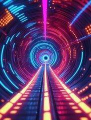 Futuristic neon tunnel with infinite depth, glowing blue and pink cyberpunk lights, representing digital acceleration, technology advancements, and immersive virtual environments

