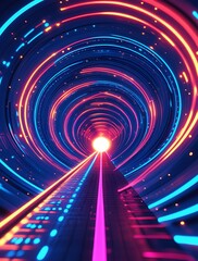 Futuristic neon tunnel with infinite depth, glowing blue and pink cyberpunk lights, representing digital acceleration, technology advancements, and immersive virtual environments

