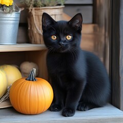 Black kitten autumn porch pumpkin decor