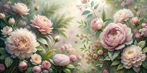 A Serene Tapestry of Delicate Pink and White Blooms, Lush Greenery, and Softly Lit Background, Evoking a Sense of Tranquility and Natural Beauty