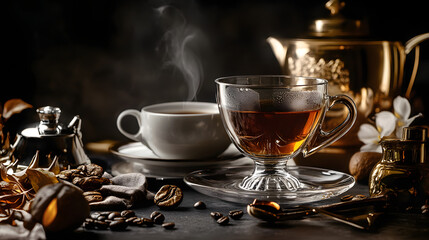 Elegant coffee still life luxurious setting photography dark background close-up sophistication and comfort