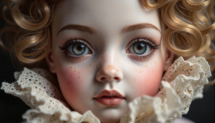 Intricate porcelain doll face with striking blue eyes, artistic beauty