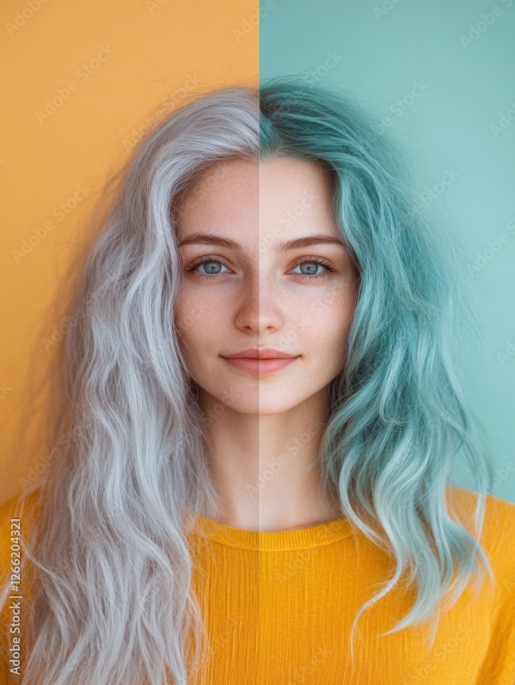 Poster Transforming gray hair to vibrant color with a side by side comparison showcasing transition and creativity. Generative AI