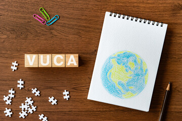 There is wood cube with the word VUCA. It is an abbreviation for Volatility, Uncertainty,...