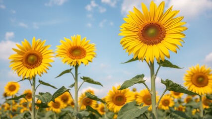 Vibrant Field of Sunflowers Under Clear Blue Sky Bathed in Warm Golden Light Evoking Joyful Serenity