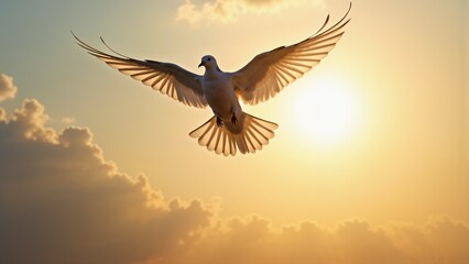 White dove gracefully flying towards the sunrise symbolizing hope and peace
