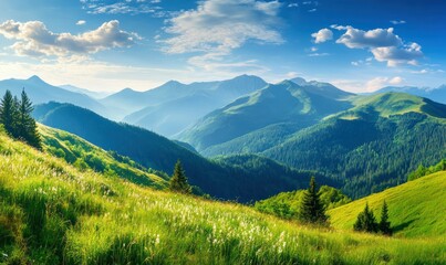 Obraz premium Lush green mountains under a bright blue sky with scattered clouds.