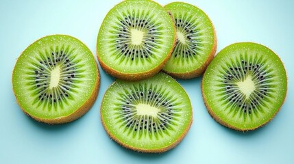 Fototapeta premium Fresh kiwi slices arranged on a light teal surface