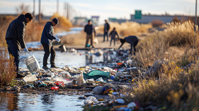 People sorting through trash by a waterway during daylight hours in a community cleanup effort