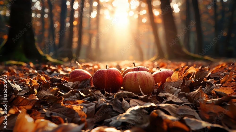 Poster A group of apples are on the ground in a forest
