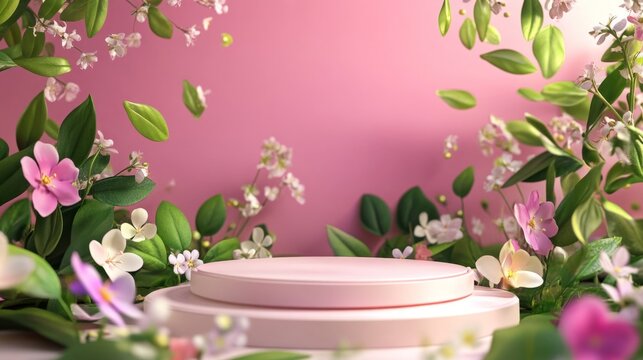 Abstract 3D podium with spring-inspired leaf and floral decorations, perfect for beauty and natural product presentations.