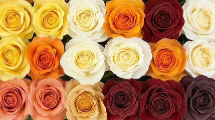 Fototapeta premium Stunning Autumnal Rose Blooms Vibrant Yellow Orange Red and Burgundy Roses
