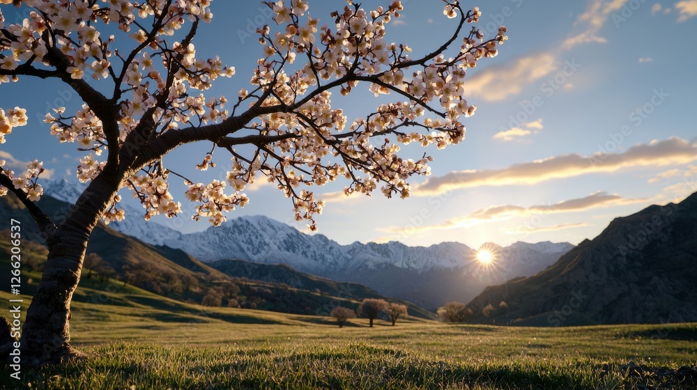 Poster a tree with pink blossoms is in a field with mountains in the background