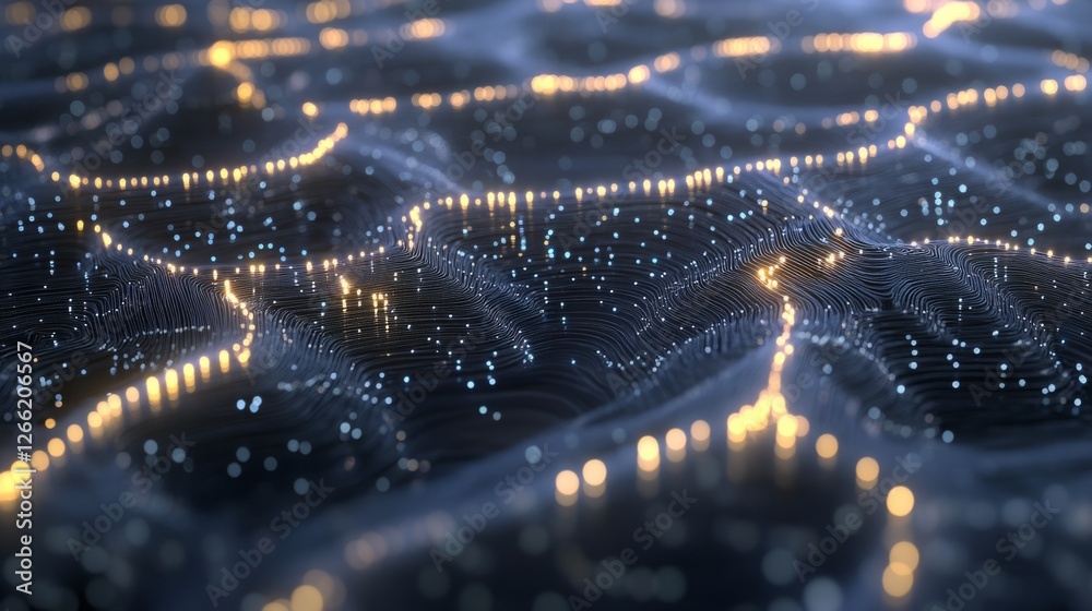 Poster abstract ai neural network processing information, deep learning technology represented by glowing c