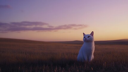 White cat sitting in a field at sunset, purple and orange sky, soft light, calm atmosphere, peaceful scene, tranquil mood, serene setting, picturesque landscape, outdoor setting, animal portrait