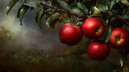 Three red apples hanging from a tree branch