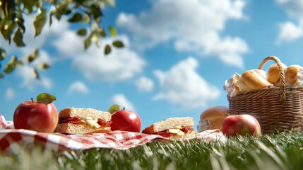A basket of bread and apples is on a checkered blanket in a grassy field