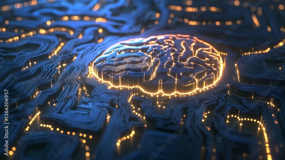 Poster abstract ai neural network processing information, deep learning technology represented by glowing c