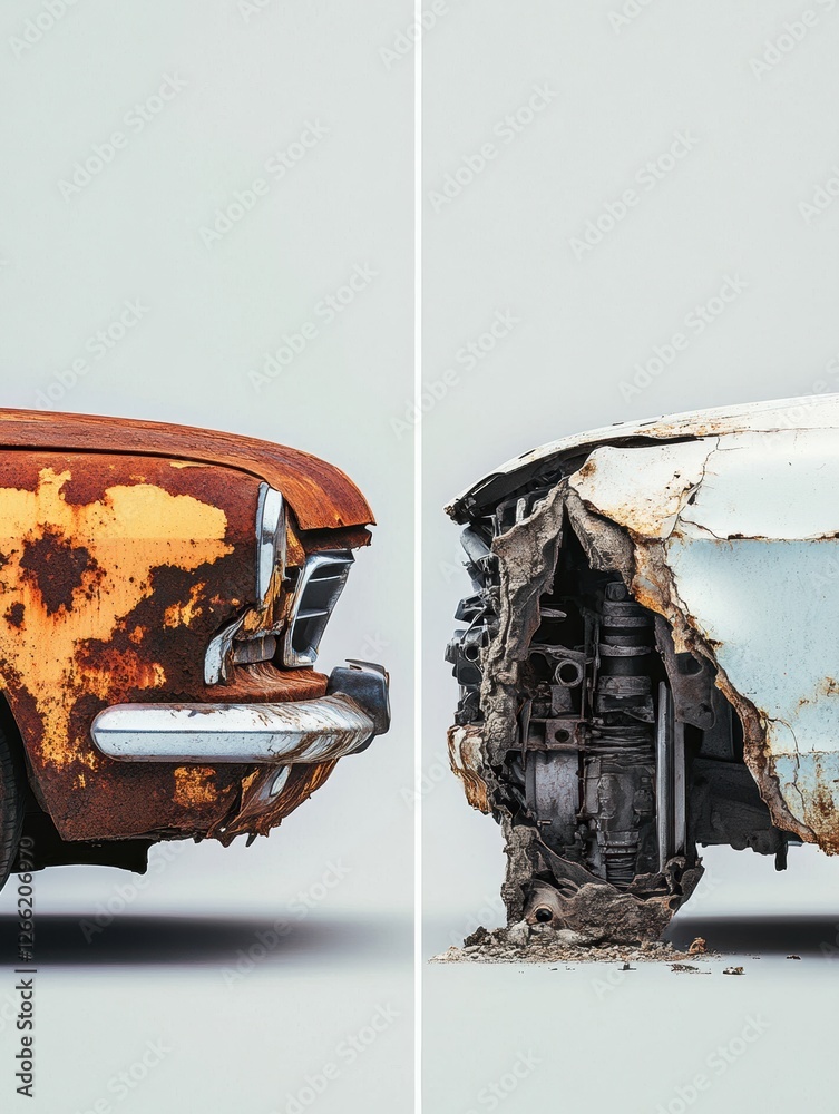 Poster Comparison of a dented rusted car next to a perfectly repaired vehicle showing significant transformation. Generative AI