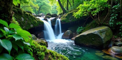 Dense foliage surrounds crystal clear waterfall cascading down moss covered rocks, greenery, wilderness