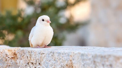 Fototapeta premium White dove perched on stone wall, peaceful garden background, symbol of peace