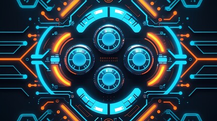 Obraz premium Futuristic cyber interface with glowing blue and orange circular elements, resembling a high-tech control panel or sci-fi mechanical device, ideal for technology and digital innovation themes