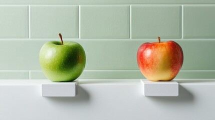 Two apples, one green and one red, are displayed on a white shelf