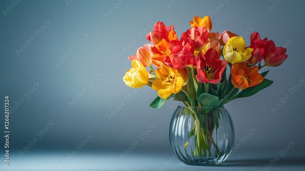 Poster bright tulip bouquet in a clear vase on a softly lit surface enhancing floral beauty and color vibra