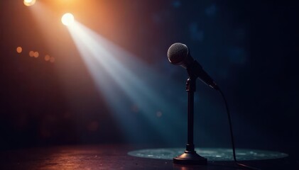 Obraz premium Dramatic stage microphone spotlight shines brightly on the mic stand , cabaret, curtains