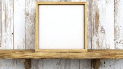 Minimalist Empty Frame on Wooden Shelf Against Rustic White Wall for Creative Display and Design Projects