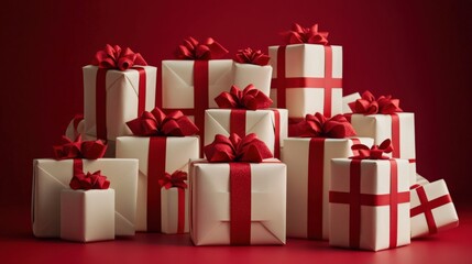 Obraz premium A vibrant collection of elegantly wrapped gift boxes in white and red, perfect for holiday celebrations and special occasions.