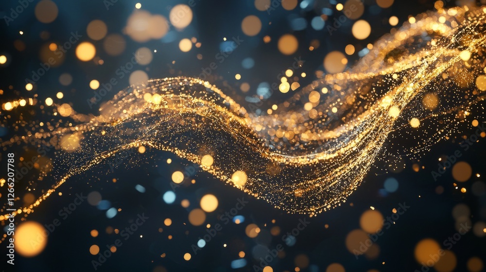 Poster abstract digital brain with golden particles and pulsating neural connections, set against a dark sc