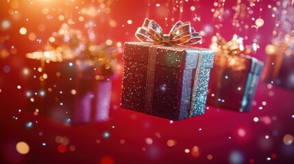 Enchanting gift boxes suspended in a sparkling ambiance, perfect for festive themes and celebratory occasions.